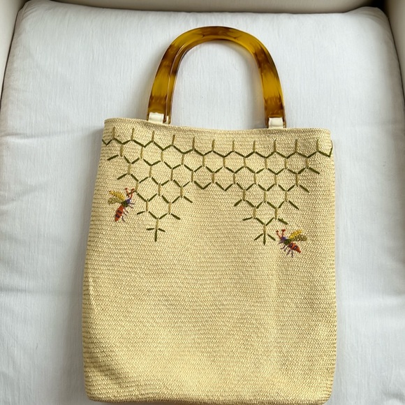 Andrea Stuart New York Straw Embroidered Bag Lucite Handles - Picture 1 of 10